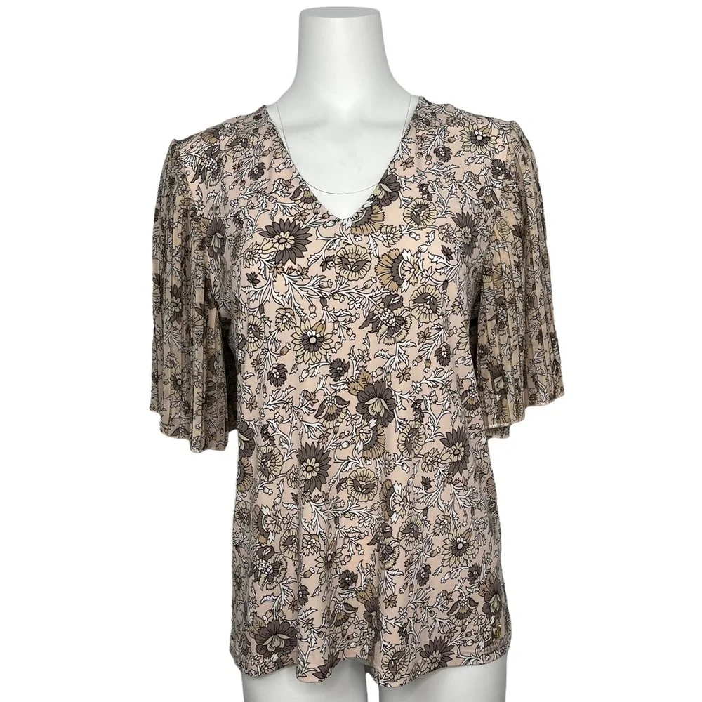 Calvin Klein Flutter Sleeve Floral Blouse Neutral Top M - Picture 1 of 9